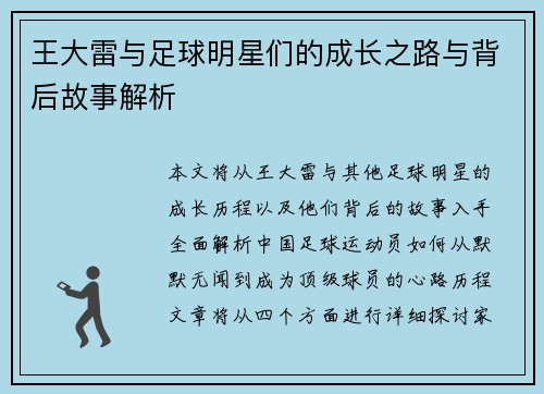 王大雷与足球明星们的成长之路与背后故事解析